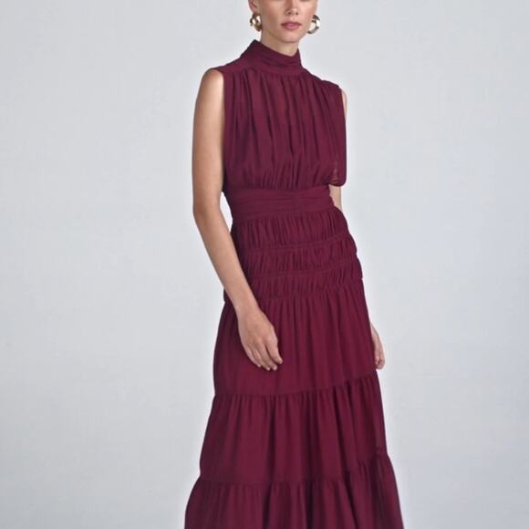 DEREK LAM 10 CROSBY Burgundy Junia Ruched Sleeveless Midi Dress Women’s - Picture 1 of 13